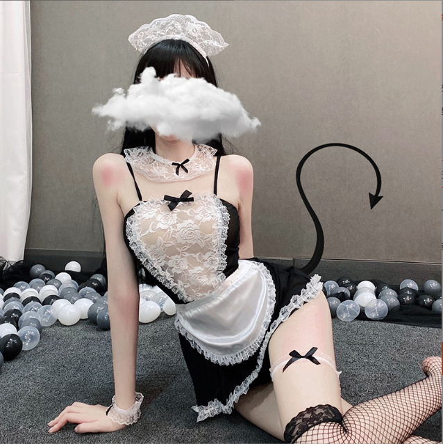 女仆角色扮演免脱激情透明蕾丝性感女仆装【含头箍+手环+腿环+肚兜】